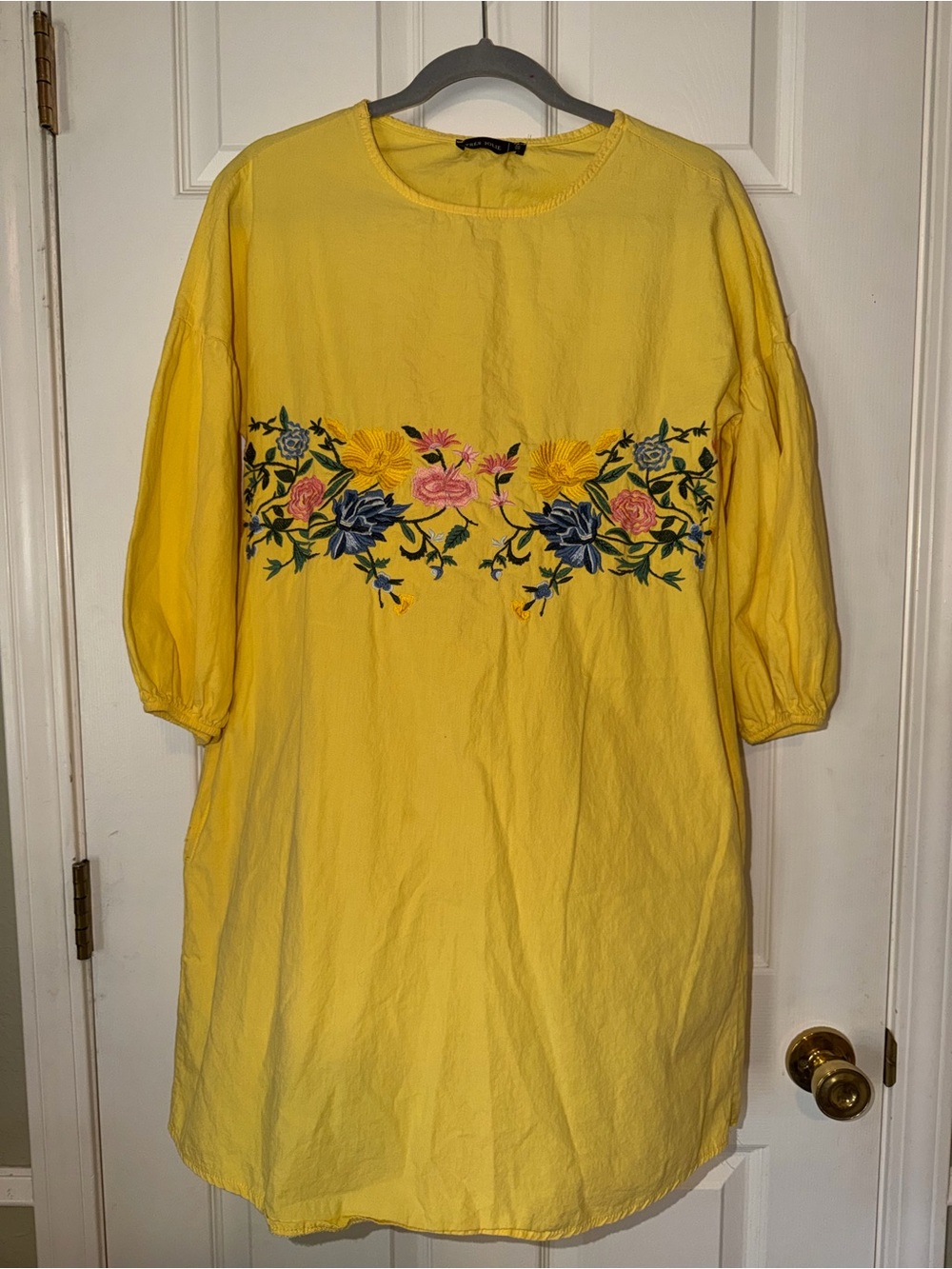 Tres Jolie Yellow Long-Sleeve Embroidered Floral Shift Dress With Pockets‎